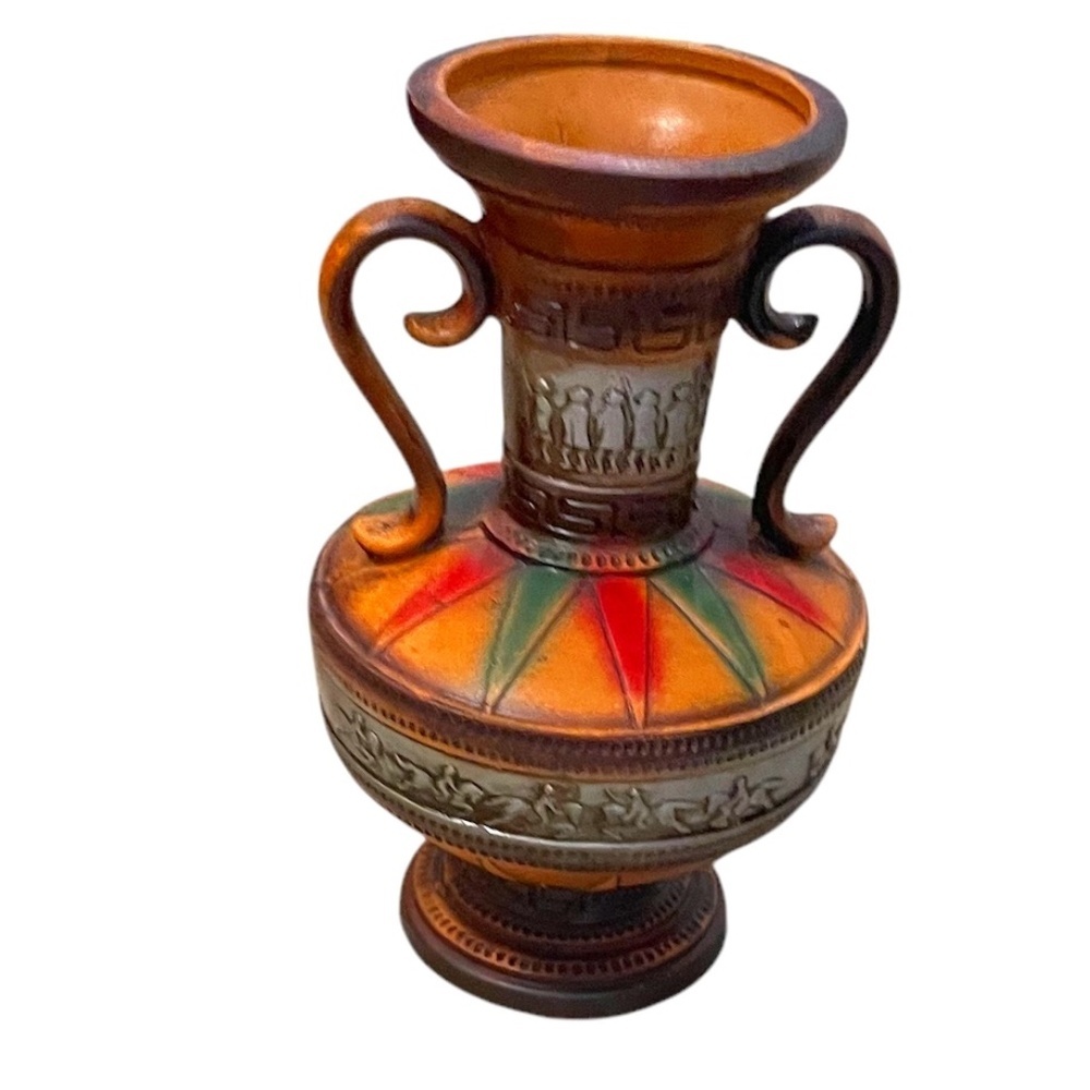 Vintage Norleans Greek Motif Vase Double Handled Footed Embossed Hand Painted